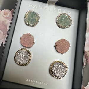 Baublebar Set of 3 Stud Crytals Earrings Gold Plated NEW MSRP $48